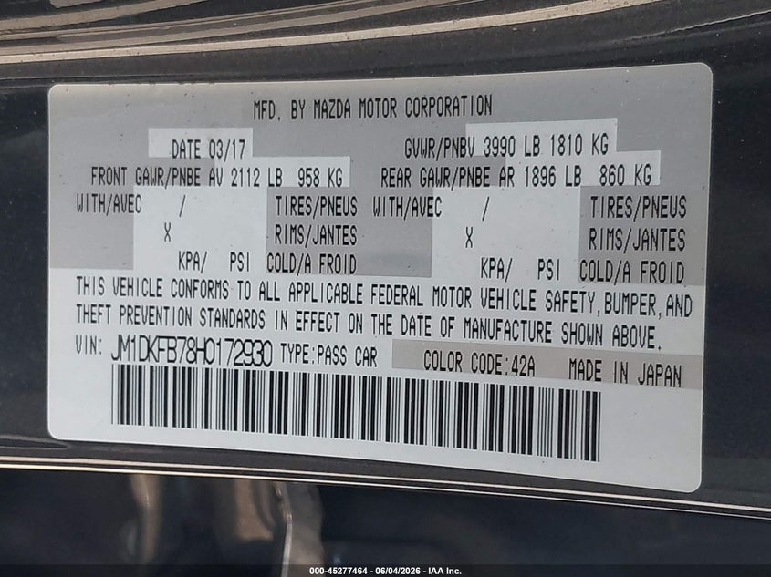 2017 Mazda Cx-3 VIN JM1DKFB78H0172930 IAAI salvage auction — FRONT END, Salvage Title, sold $775 on 2026-07-06 (photo 9)
