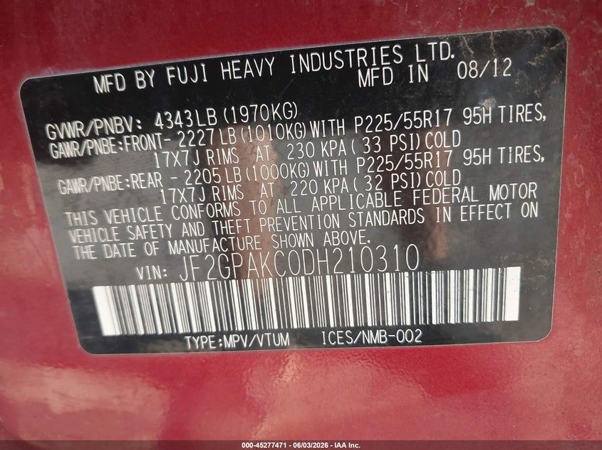 2013 Subaru Xv VIN JF2GPAKC0DH210310 IAAI salvage auction — FRONT END, Salvage Title, sold $450 on 2026-07-07 (photo 9)