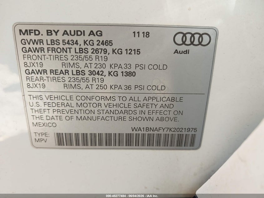 2019 Audi Q5 VIN WA1BNAFY7K2021975 IAAI salvage auction — FRONT END, Salvage Title, sold $8,000 on 2026-07-09 (photo 9)