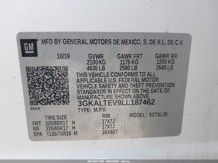 2020 Gmc Terrain VIN 3GKALTEV9LL187462 IAAI salvage auction — REAR END, Clear (Michigan), sold $3,900 on 2026-07-09 (photo 9)