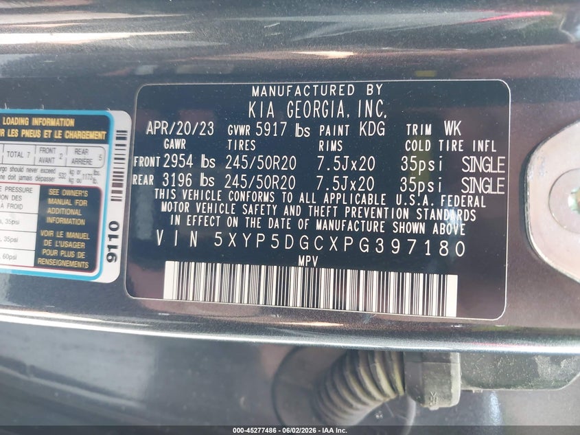 2023 Kia Telluride VIN 5XYP5DGCXPG397180 IAAI salvage auction — HAIL, Salvage Title, sold $21,050 on 2026-07-13 (photo 9)
