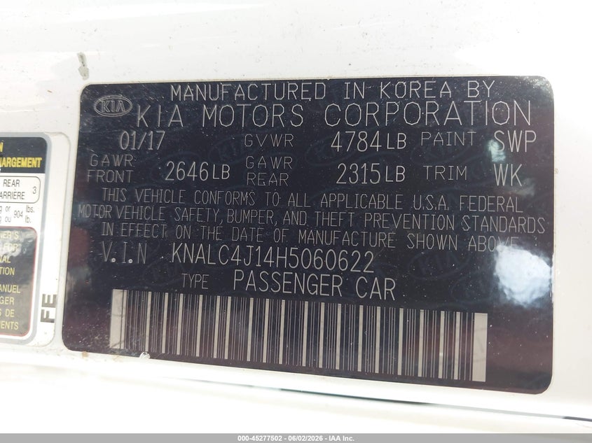 2017 Kia Cadenza VIN KNALC4J14H5060622 IAAI salvage auction — FRONT END, Wait Title, sold $650 on 2026-08-22 (photo 9)