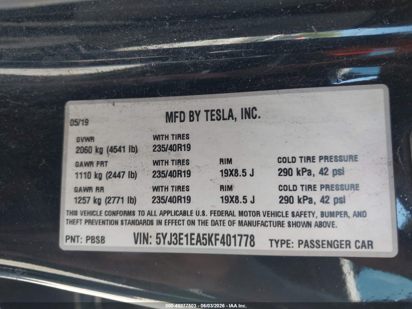 2019 Tesla Model 3 VIN 5YJ3E1EA5KF401778 IAAI salvage auction — UNKNOWN, Rebuildable (Florida), sold $2,900 on 2026-07-30 (photo 9)