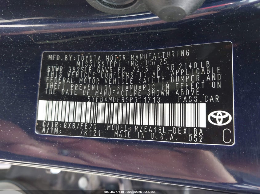2025 Toyota Corolla VIN 5YFB4MDE8SP311713 IAAI salvage auction — FRONT & REAR, Salvage (Georgia), sold $5,200 on 2026-07-30 (photo 9)