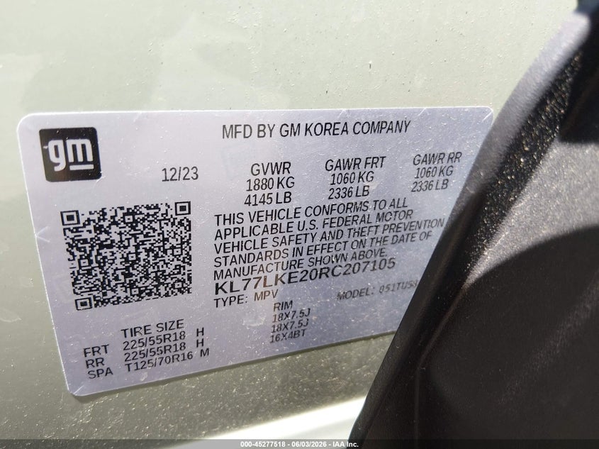 2024 Chevrolet Trax VIN KL77LKE20RC207105 IAAI salvage auction — RIGHT FRONT, Salvage Title, sold $7,400 on 2026-07-17 (photo 9)