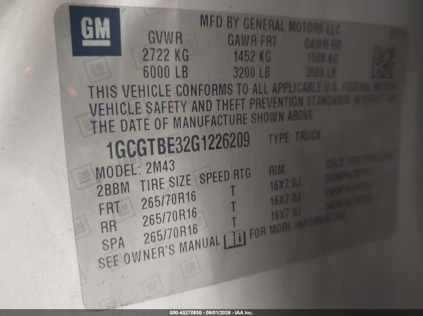 2016 Chevrolet Colorado VIN 1GCGTBE32G1226209 IAAI salvage auction — NORMAL WEAR, Sf97 (Maine), sold $12,700 on 2026-07-23 (photo 9)