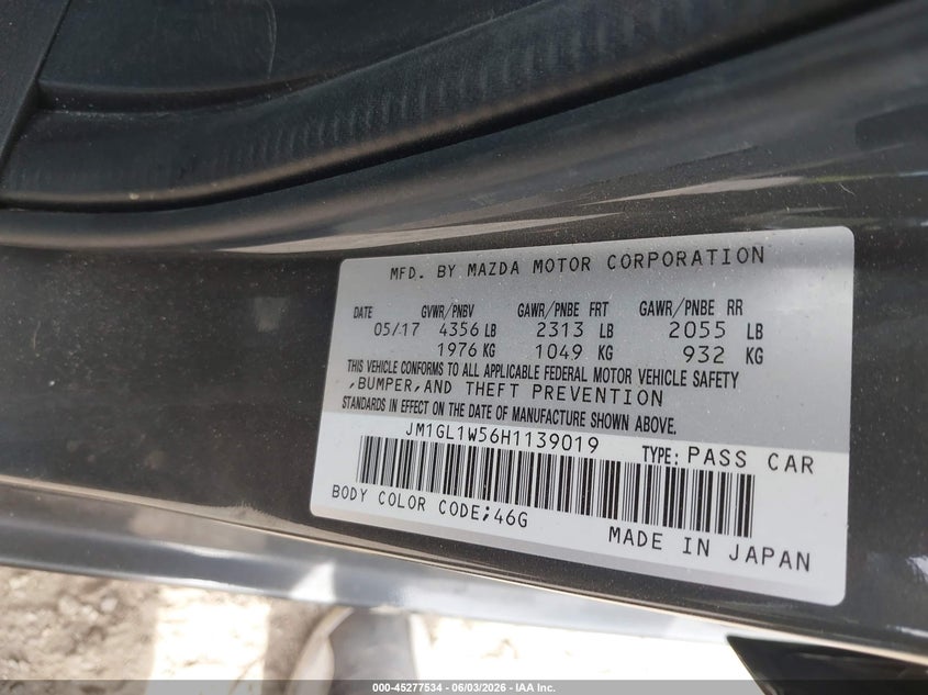 2017 Mazda 6 VIN JM1GL1W56H1139019 IAAI salvage auction — HAIL, Salvage Title, sold $7,575 on 2026-07-07 (photo 9)
