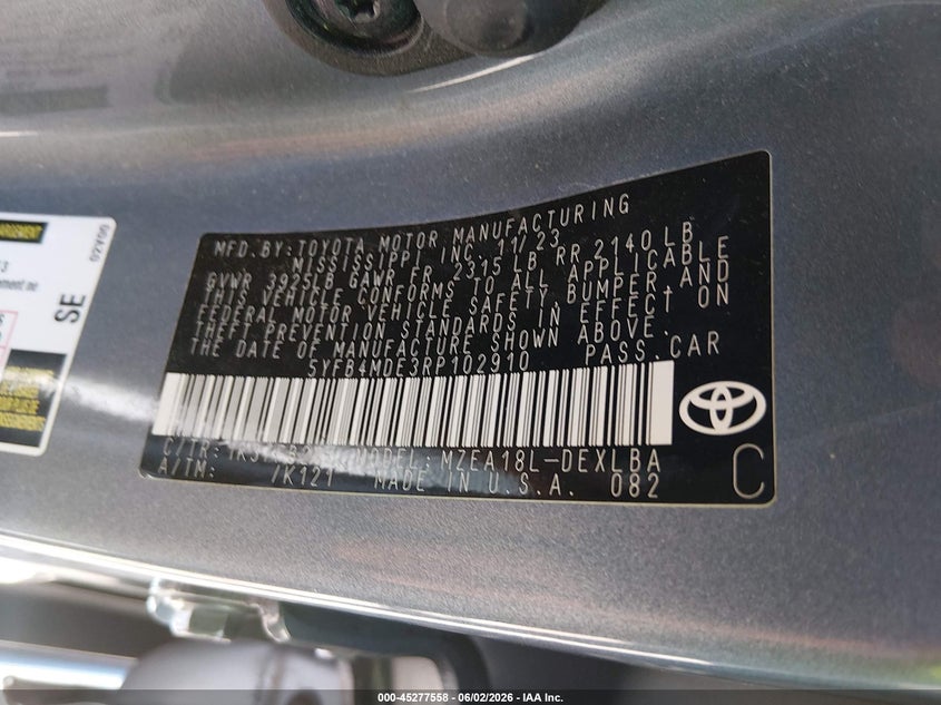 2024 Toyota Corolla VIN 5YFB4MDE3RP102910 IAAI salvage auction — FRONT END, Salvage Title, sold $5,275 on 2026-07-29 (photo 9)