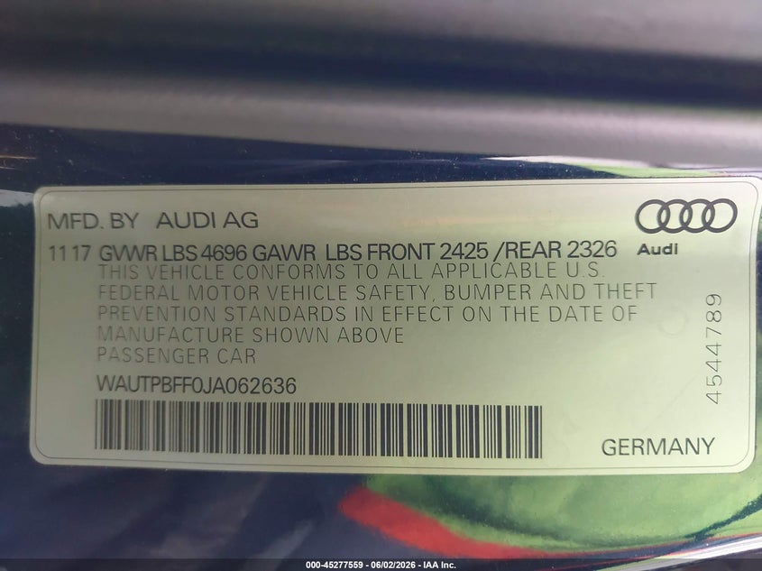 2018 Audi A3 VIN WAUTPBFF0JA062636 IAAI salvage auction — FRONT & REAR, Salvage Title, sold $1,250 on 2026-07-29 (photo 9)