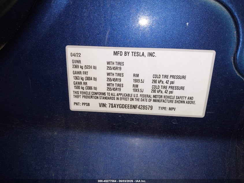 2022 Tesla Model y VIN 7SAYGDEE8NF428579 IAAI salvage auction — LEFT SIDE, Salvage (Oregon), sold $8,400 on 2026-07-30 (photo 9)