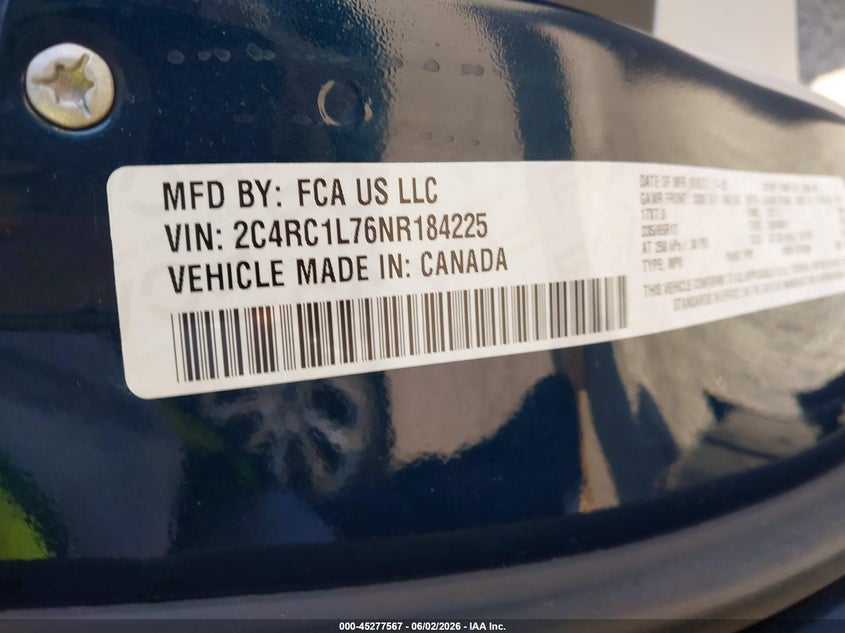 2022 Chrysler Pacifica VIN 2C4RC1L76NR184225 IAAI salvage auction — NORMAL WEAR, Clear-Dealer Only (Minnesota), sold $8,575 on 2026-07-30 (photo 9)