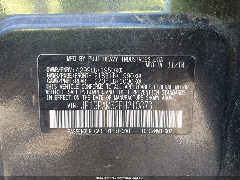 2015 Subaru Impreza VIN JF1GPAM62FH210873 IAAI salvage auction — FRONT END, Salvage Title, sold $225 on 2026-07-23 (photo 9)