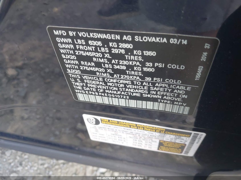2014 Volkswagen Touareg VIN WVGEP9BP4ED010722 IAAI salvage auction — ROLLOVER, Salvage Title, sold $650 on 2026-07-28 (photo 9)