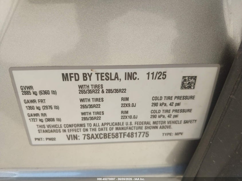 2026 Tesla Model x VIN 7SAXCBE58TF481775 IAAI salvage auction — LEFT SIDE, Salvage - 75% Or Less (Maryland), sold $33,500 on 2026-07-09 (photo 9)