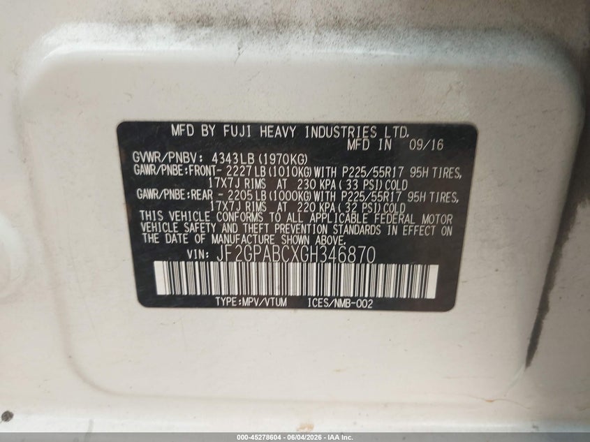 2016 Subaru Xv VIN JF2GPABCXGH346870 IAAI salvage auction — HAIL, Salvage Title, sold $25 on 2026-07-30 (photo 9)