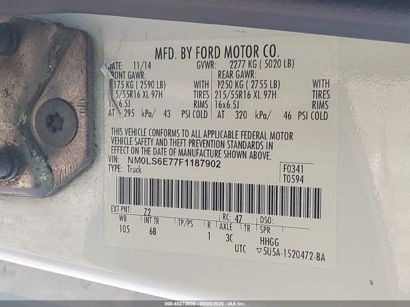 2015 Ford Transit VIN NM0LS6E77F1187902 IAAI salvage auction — NORMAL WEAR, Clear (New Jersey), sold $800 on 2026-07-13 (photo 9)