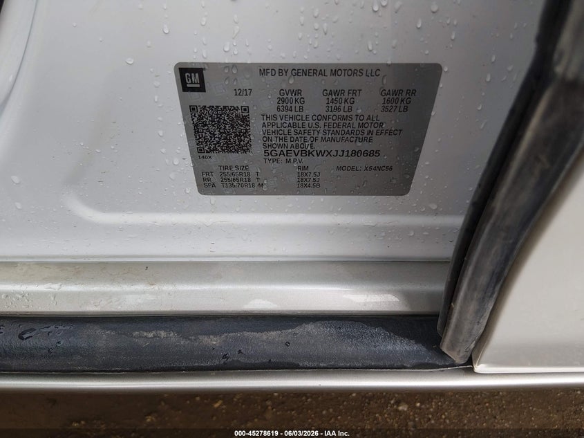 2018 Buick Enclave VIN 5GAEVBKWXJJ180685 IAAI salvage auction — HAIL, Salvage Title, sold $5,500 on 2026-07-10 (photo 9)
