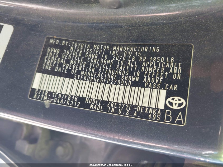 2015 Toyota Corolla VIN 5YFBURHE6FP270950 IAAI salvage auction — NORMAL WEAR, Clear (Illinois), sold $1,925 on 2026-07-06 (photo 9)