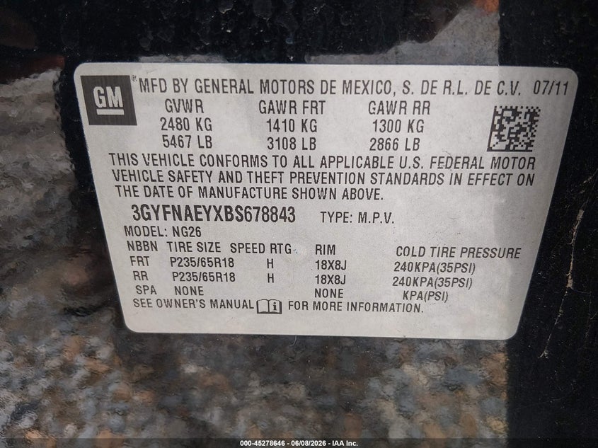 2011 Cadillac Srx VIN 3GYFNAEYXBS678843 IAAI salvage auction — REAR END, Salvage (Mississippi), sold $575 on 2026-07-11 (photo 9)