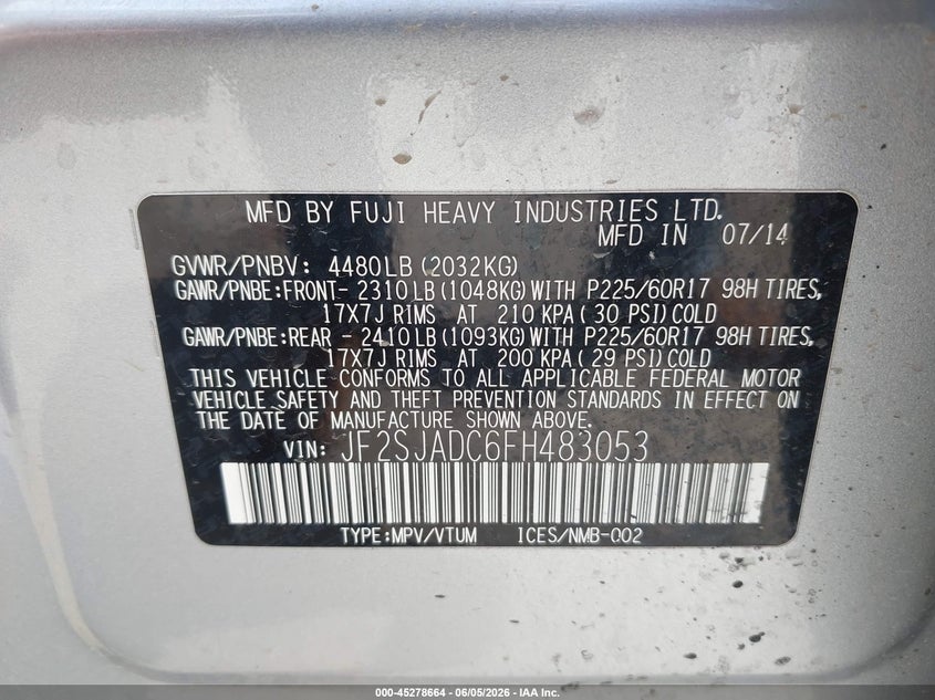 2015 Subaru Forester VIN JF2SJADC6FH483053 IAAI salvage auction — FRONT END, Salvage Title, sold $275 on 2026-07-16 (photo 9)