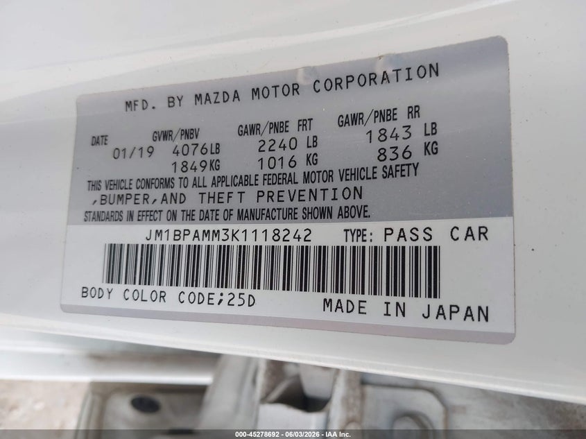 2019 Mazda 3 VIN JM1BPAMM3K1118242 IAAI salvage auction — REAR END, Salvage Title, sold $3,700 on 2026-07-15 (photo 9)
