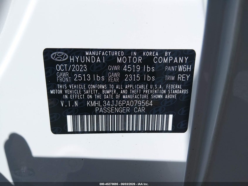 2023 Hyundai Sonata VIN KMHL34JJ6PA079564 IAAI salvage auction — FRONT END, Salvage Title, sold $4,700 on 2026-07-29 (photo 9)