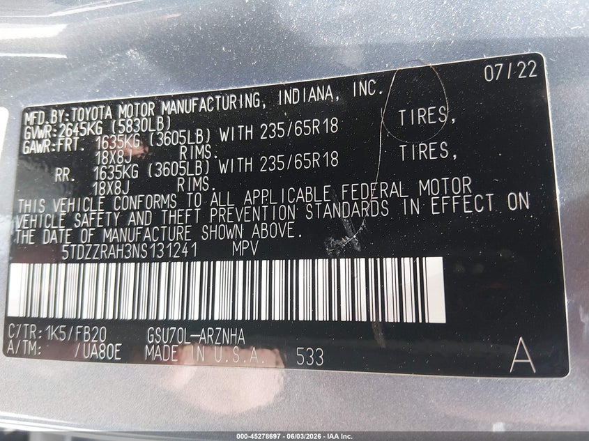 2022 Toyota Highlander VIN 5TDZZRAH3NS131241 IAAI salvage auction — RIGHT SIDE, Original (Texas), sold $9,300 on 2026-07-28 (photo 9)