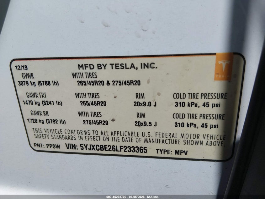 2020 Tesla Model x VIN 5YJXCBE26LF233365 IAAI salvage auction — LEFT FRONT, Salvage Title, sold $9,700 on 2026-07-16 (photo 9)