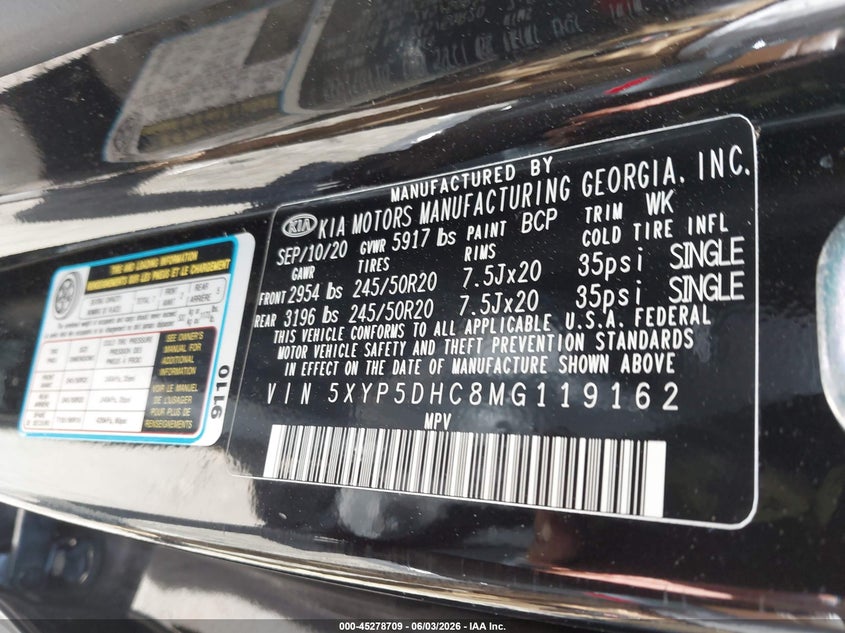 2021 Kia Telluride VIN 5XYP5DHC8MG119162 IAAI salvage auction — RIGHT SIDE, Salvage Title, sold $6,100 on 2026-07-28 (photo 9)