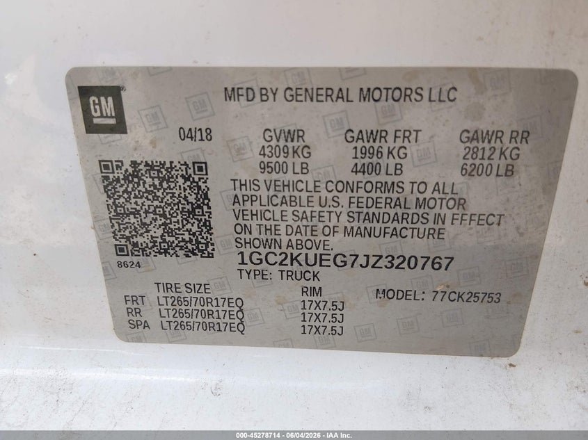 2018 Chevrolet Silverado VIN 1GC2KUEG7JZ320767 IAAI salvage auction — HAIL, Clear (Oklahoma), sold $9,400 on 2026-07-05 (photo 9)