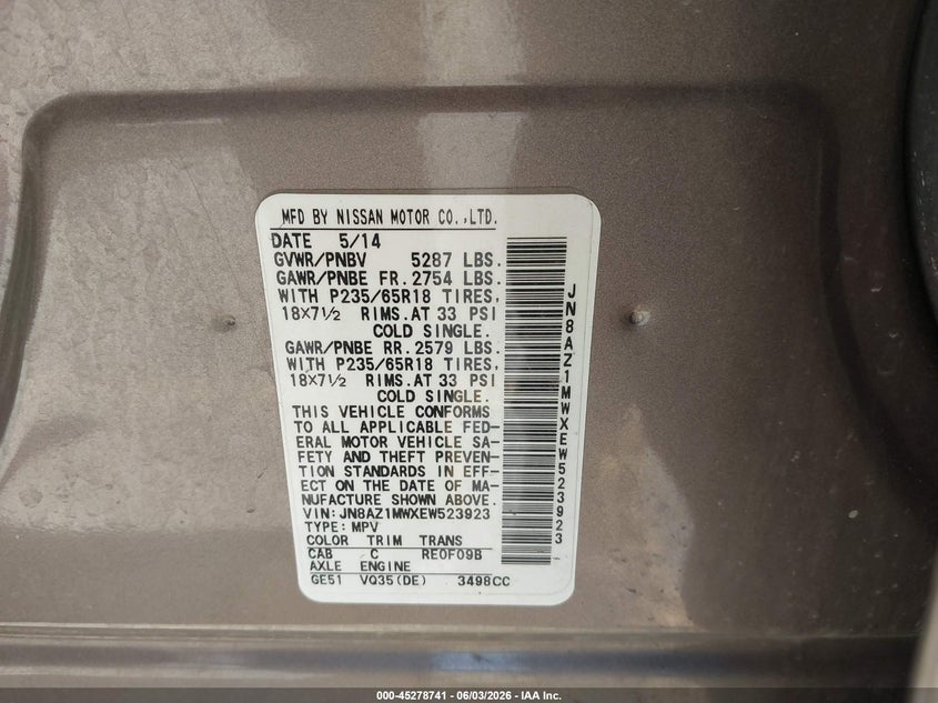 2014 Nissan Murano VIN JN8AZ1MWXEW523923 IAAI salvage auction — FRONT END, Salvage Title, sold $825 on 2026-07-13 (photo 9)