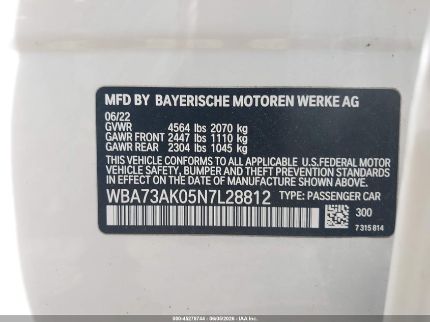 2022 BMW 2er VIN WBA73AK05N7L28812 IAAI salvage auction — FRONT END, Salvage (Massachusetts), sold $6,750 on 2026-07-31 (photo 9)