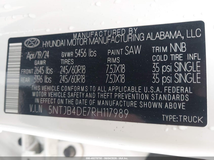 2024 Hyundai Santa cruz VIN 5NTJB4DE7RH117989 IAAI salvage auction — SIDE, Salvage (Louisiana), sold $7,200 on 2026-07-21 (photo 9)