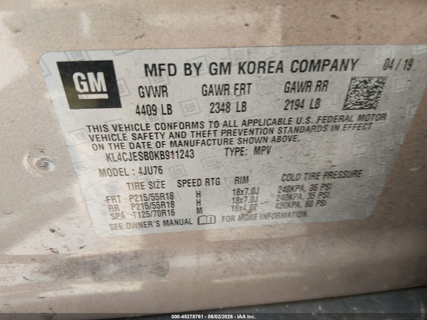 2019 Buick Encore VIN KL4CJESB0KB911243 IAAI salvage auction — FRONT END, Salvage Title, sold $25 on 2026-07-22 (photo 9)