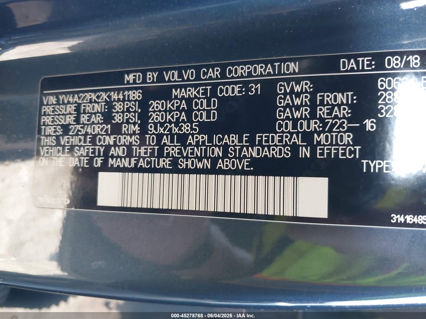 2019 Volvo Xc90 VIN YV4A22PK2K1441186 IAAI salvage auction — FRONT END, Salvage (Oklahoma), sold $4,250 on 2026-08-12 (photo 9)