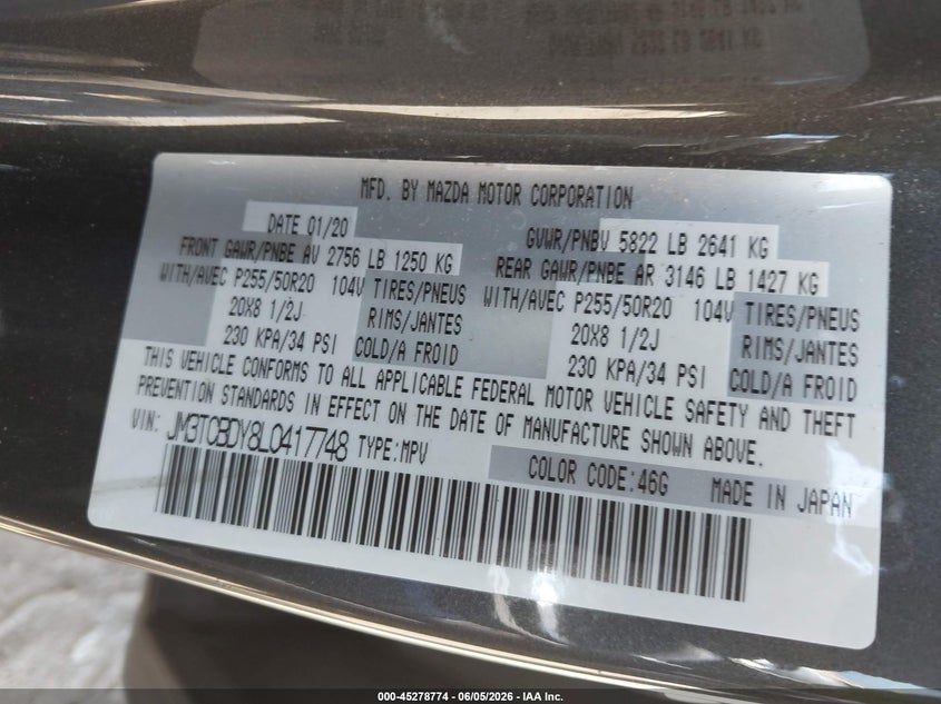 2020 Mazda Cx-9 VIN JM3TCBDY8L0417748 IAAI salvage auction — RIGHT SIDE, Salvage Title, sold $7,400 on 2026-07-14 (photo 9)
