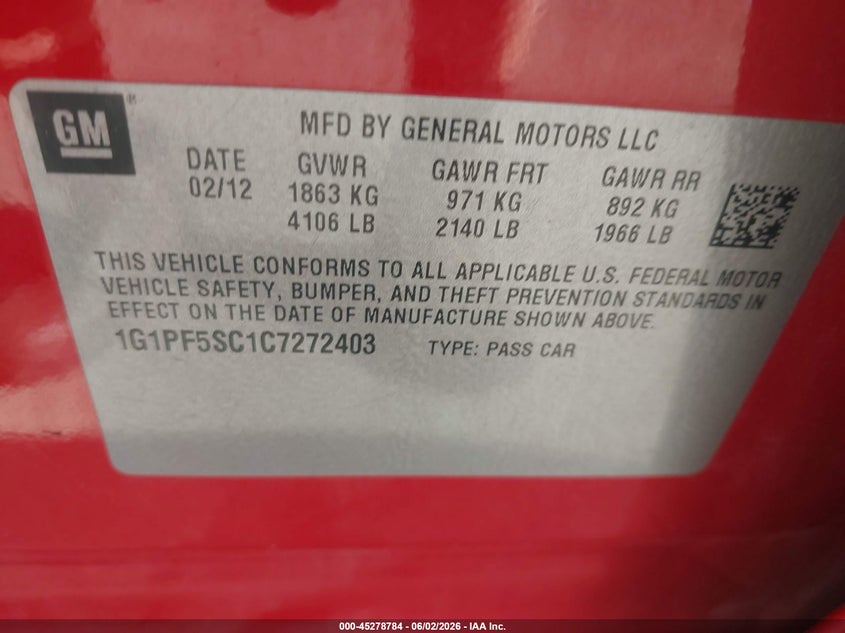 2012 Chevrolet Cruze VIN 1G1PF5SC1C7272403 IAAI salvage auction — NORMAL WEAR, Salvage Title, sold $300 on 2026-07-09 (photo 9)