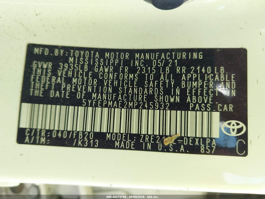 2021 Toyota Corolla VIN 5YFEPMAE2MP245932 IAAI salvage auction — ROLLOVER, Salvage Title, sold $1,700 on 2026-07-23 (photo 9)