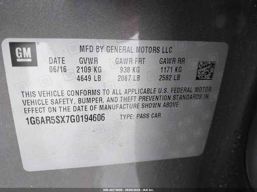2016 Cadillac Cts VIN 1G6AR5SX7G0194606 IAAI salvage auction — FRONT END, Salvage Title, sold $2,750 on 2026-07-29 (photo 9)