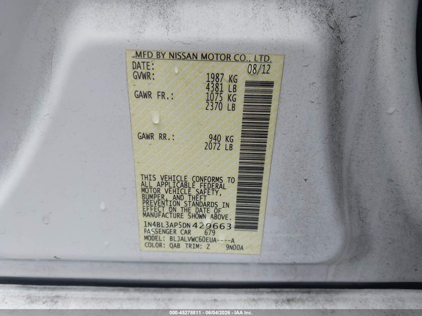 2013 Nissan Altima VIN 1N4BL3AP5DN429663 IAAI salvage auction — REAR END, Salvage (Oregon), sold $1,350 on 2026-07-09 (photo 9)