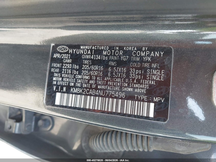 2022 Hyundai Kona VIN KM8K2CAB4NU775496 IAAI salvage auction — LEFT SIDE, Salvage Title, sold $2,325 on 2026-07-21 (photo 9)
