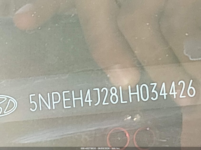 2020 Hyundai Sonata VIN 5NPEH4J28LH034426 IAAI salvage auction — THEFT, Salvage Title, sold $6,400 on 2026-07-16 (photo 9)