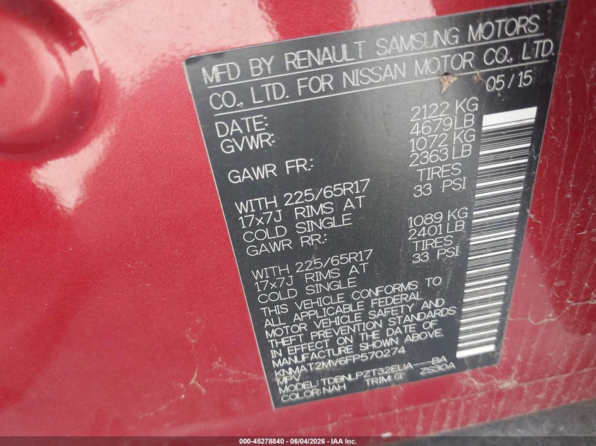 2015 Nissan Rogue VIN KNMAT2MV6FP570274 IAAI salvage auction — FRONT END, Rebuilt (Indiana), sold $650 on 2026-07-29 (photo 9)