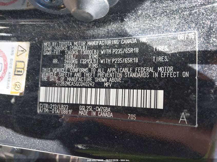 2016 Lexus Rx VIN 2T2BZMCA5GC040242 IAAI salvage auction — FRONT END, Clear (Indiana), sold $9,400 on 2026-07-24 (photo 9)