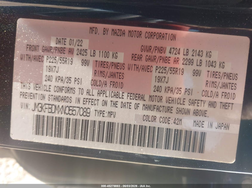 2022 Mazda Cx-5 VIN JM3KFBDMXN0557089 IAAI salvage auction — FRONT END, Salvage Title, sold $4,700 on 2026-07-28 (photo 9)