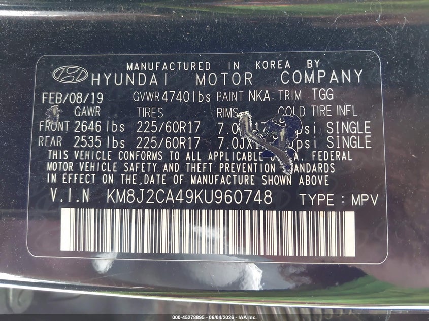 2019 Hyundai Tucson VIN KM8J2CA49KU960748 IAAI salvage auction — FRONT END, Salvage Title, sold $2,750 on 2026-07-22 (photo 9)