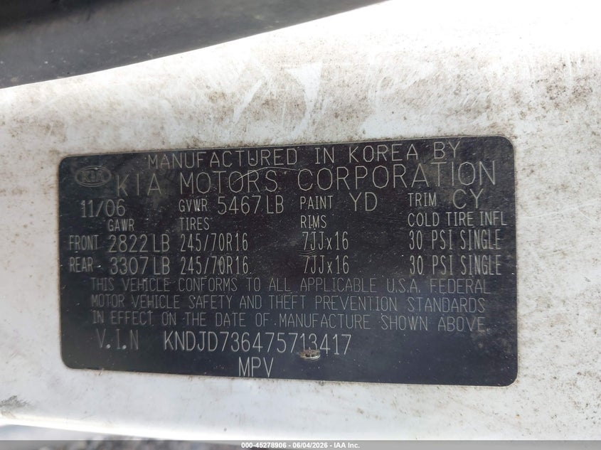 2007 Kia Sorento VIN KNDJD736475713417 IAAI salvage auction — LEFT SIDE, Clear (Alabama), sold $250 on 2026-07-07 (photo 9)