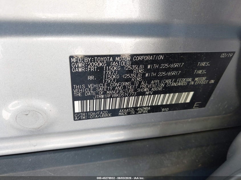 2019 Toyota Rav 4 VIN JTMW1RFV8KD511773 IAAI salvage auction — FRONT END, Salvage Title, sold $6,750 on 2026-07-14 (photo 9)