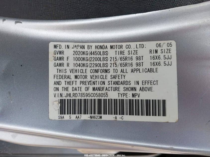 2005 Honda Cr-v VIN JHLRD78595C058055 IAAI salvage auction — RIGHT FRONT, Salvage (Texas), sold $1,200 on 2026-07-14 (photo 9)