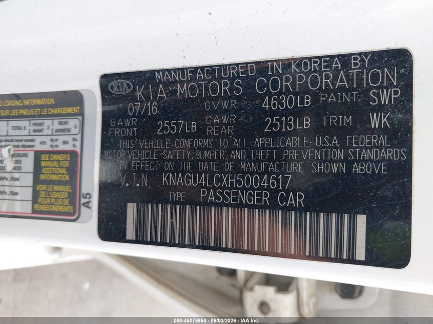 2017 Kia Optima VIN KNAGU4LCXH5004617 IAAI salvage auction — FRONT END, Salvage Title, sold $2,050 on 2026-07-09 (photo 9)